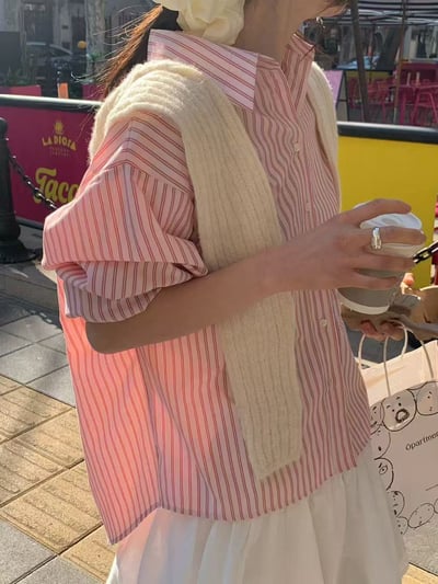 細條紋寬版長袖襯衫3