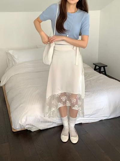 側綁帶蕾絲拼接不對稱長裙5