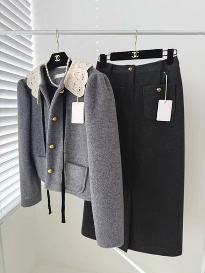 毛呢前開衩修身長裙5