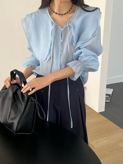 天絲大領片綁帶襯衫2