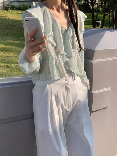 法式大翻領綁帶雪紡上衣5