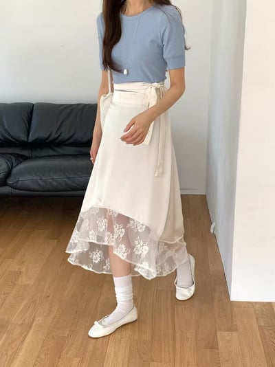 側綁帶蕾絲拼接不對稱長裙1