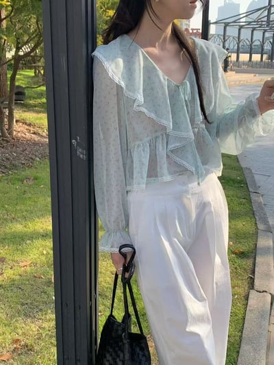 法式大翻領綁帶雪紡上衣1