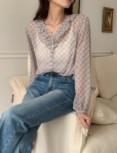 格紋荷葉領雪紡上衣7