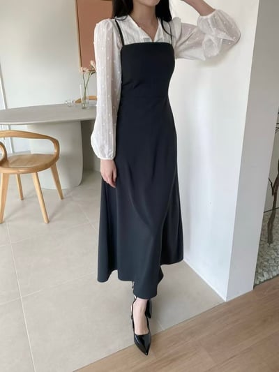 極簡氣質細肩A字長洋裝6