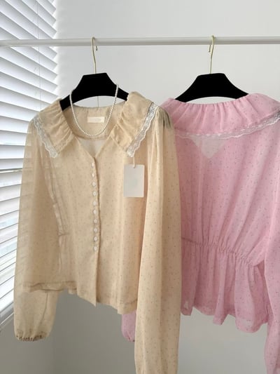 碎花蕾絲大翻領雪紡上衣2