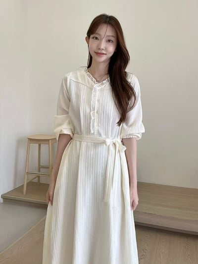 氣質壓紋雪紡綁帶長洋裝5
