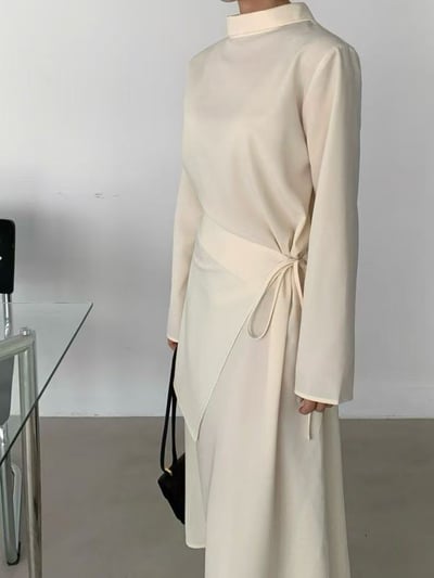 簡約斜裁腰綁帶長洋裝4