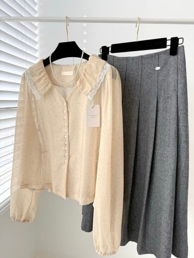 碎花蕾絲大翻領雪紡上衣4