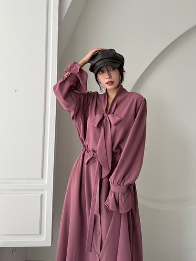 柔霧綁結蝴蝶領長洋裝3