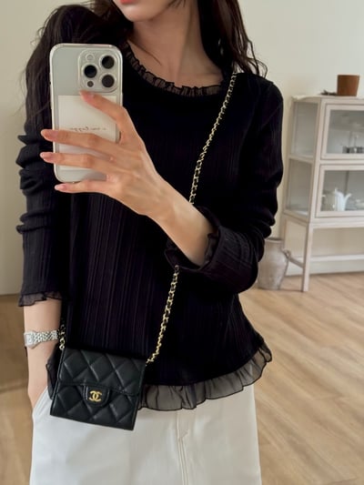 拼紗荷葉滾邊坑條修身上衣4