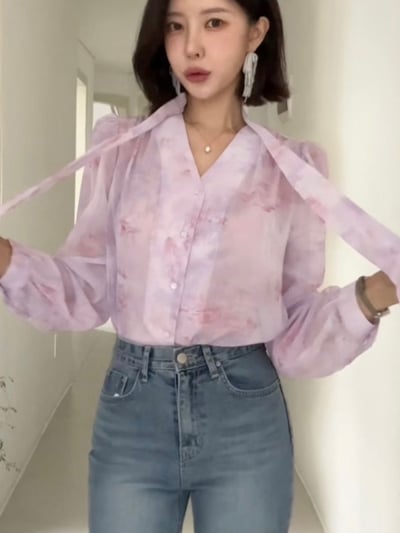 柔霧暈染綁帶雪紡上衣2