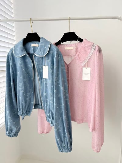 碎花蕾絲大翻領雪紡上衣9