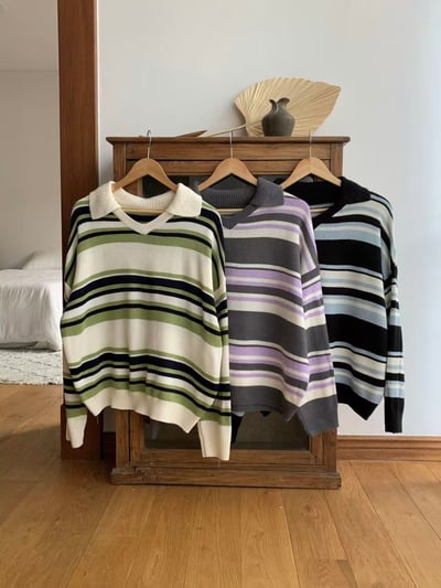 撞色橫條翻領毛衣7