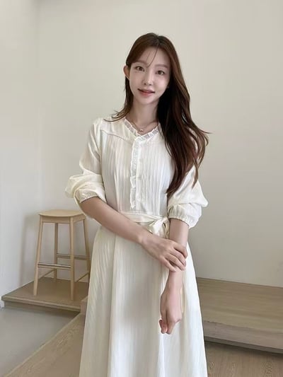 氣質壓紋雪紡綁帶長洋裝6