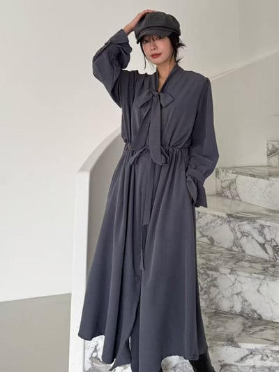 柔霧綁結蝴蝶領長洋裝6