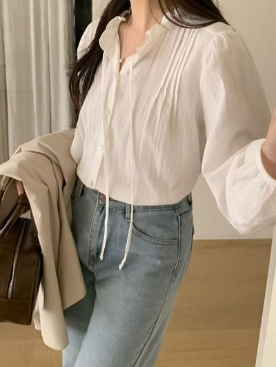 法式貓眼釦抓皺綁帶襯衫2