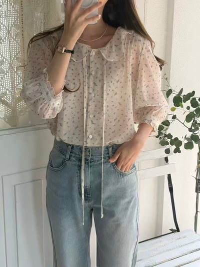 細緻碎花綁帶雪紡上衣4