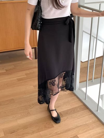 側綁帶蕾絲拼接不對稱長裙10