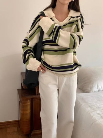 撞色橫條翻領毛衣3