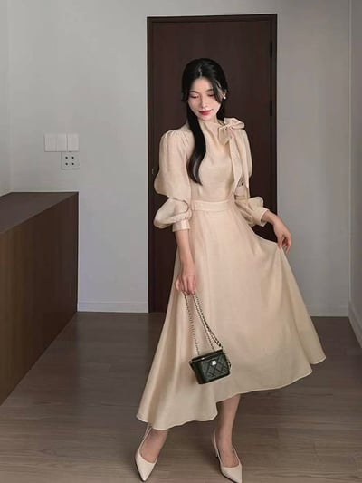 典雅名媛・綁帶公主袖長洋裝3