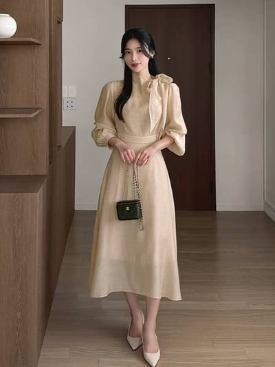 典雅名媛・綁帶公主袖長洋裝2