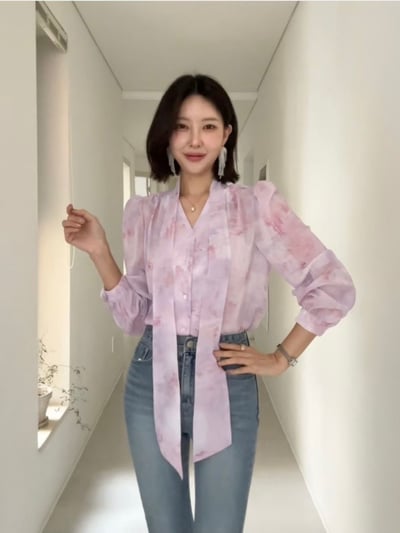 柔霧暈染綁帶雪紡上衣1