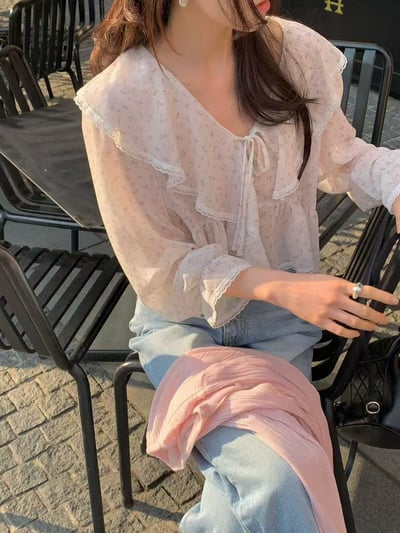 法式大翻領綁帶雪紡上衣9