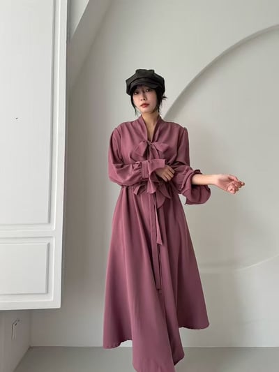 柔霧綁結蝴蝶領長洋裝2