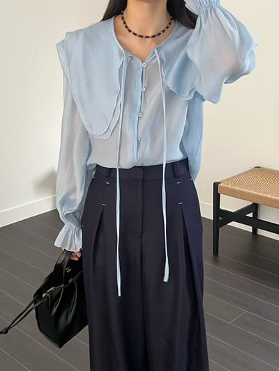 天絲大領片綁帶襯衫1