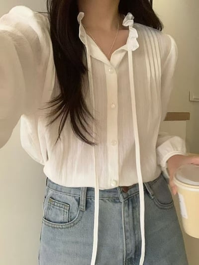 法式貓眼釦抓皺綁帶襯衫1
