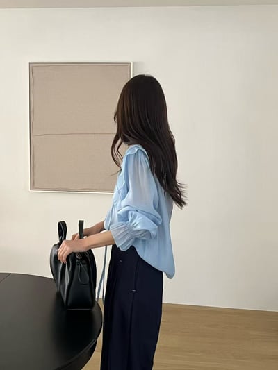 天絲大領片綁帶襯衫5