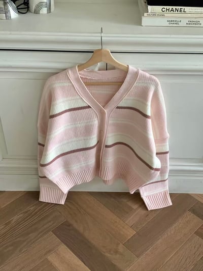 撞色條紋V領針織開襟衫2