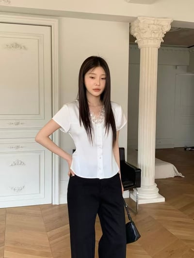 法式蕾絲柔光襯衫上衣2