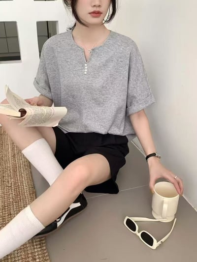 韓系珍珠釦小V領造型太空棉上衣  #3648647711