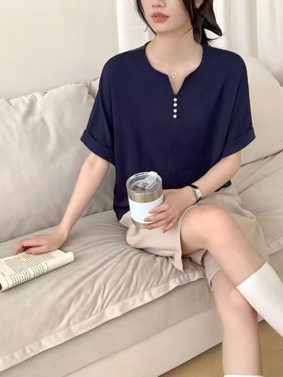 韓系珍珠釦小V領造型太空棉上衣  #364864778