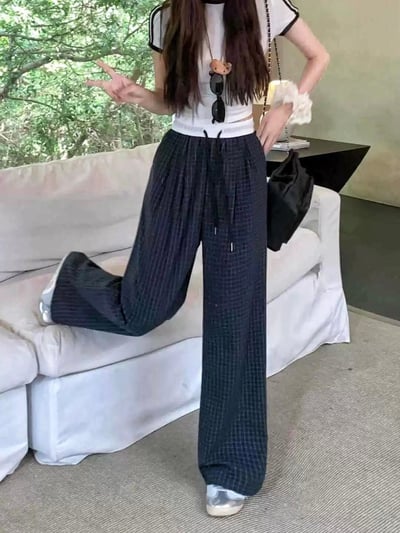 復古慵懶拼接撞色格紋直筒褲  #362707735