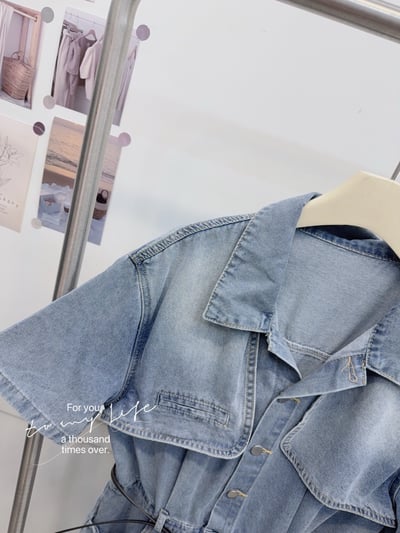 韓版雙口袋半開釦襯衫牛仔連身附皮帶短洋裝  #362970103