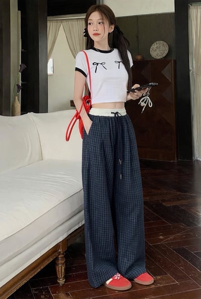 復古慵懶拼接撞色格紋直筒褲  #362707738