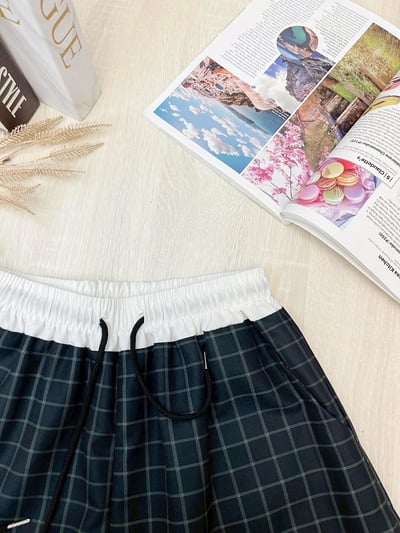 復古慵懶拼接撞色格紋直筒褲  #3627077317