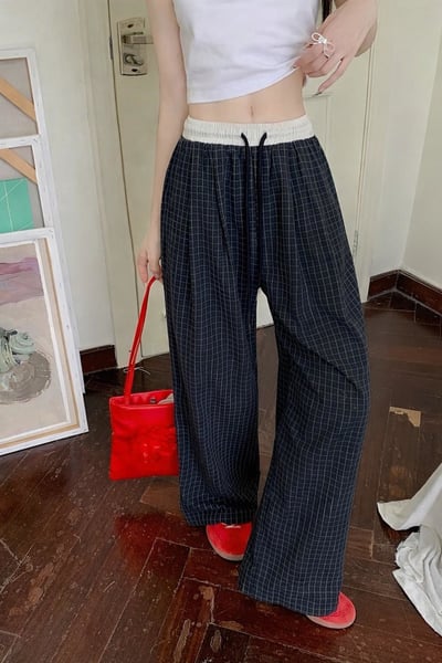 復古慵懶拼接撞色格紋直筒褲  #3627077319