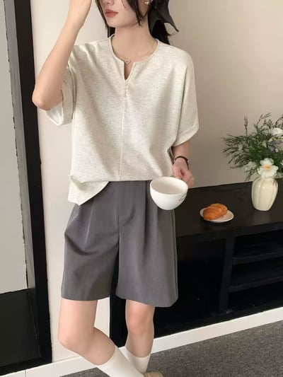 韓系珍珠釦小V領造型太空棉上衣  #364864772