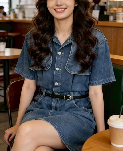 韓版雙口袋半開釦襯衫牛仔連身附皮帶短洋裝  #3629701011