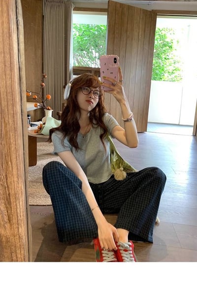 復古慵懶拼接撞色格紋直筒褲  #3627077313