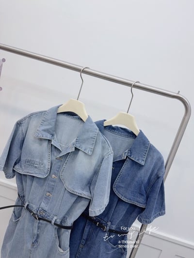 韓版雙口袋半開釦襯衫牛仔連身附皮帶短洋裝  #362970105