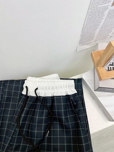 復古慵懶拼接撞色格紋直筒褲  #3627077318