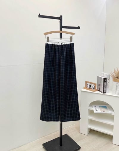 復古慵懶拼接撞色格紋直筒褲  #3627077315