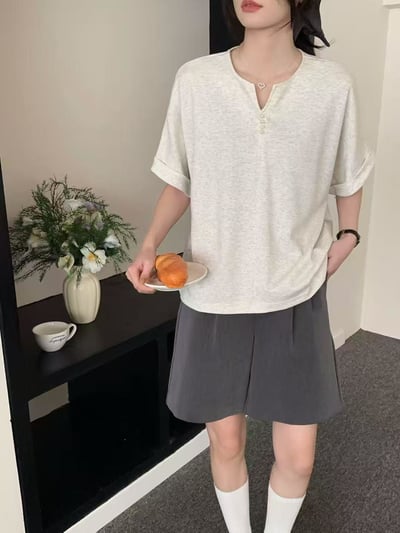 韓系珍珠釦小V領造型太空棉上衣  #364864777