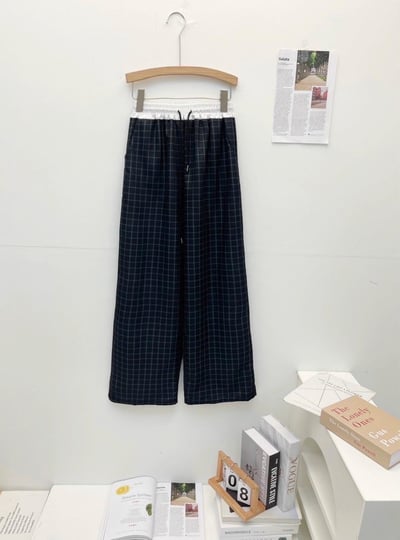 復古慵懶拼接撞色格紋直筒褲  #362707732