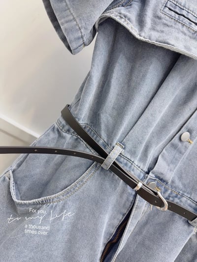 韓版雙口袋半開釦襯衫牛仔連身附皮帶短洋裝  #362970104